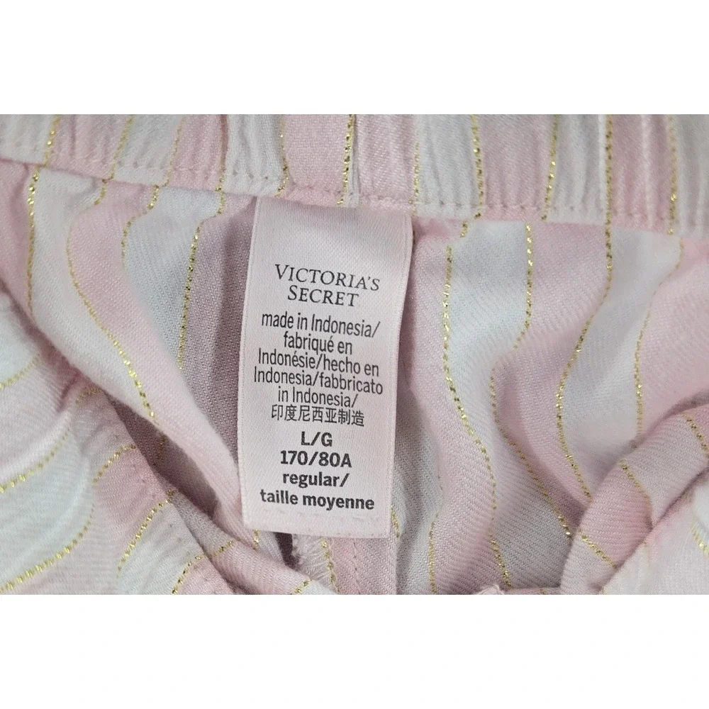 Victoria's Secret Pink White Striped Gold Lurex Pajama Set Large Button Down PJ - Picture 9 of 10